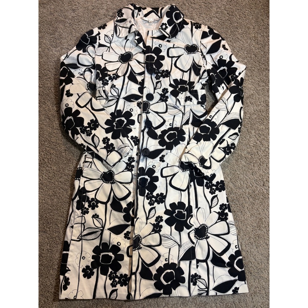 Y2K Trina Turk LA Floral Trench Coat Black White Graphic Print Jacket Sz 2